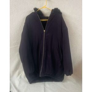 IZZI Women Dark Purple Faux Fur Trim Hooded Full Zip Jacket Coat Plush L/XL